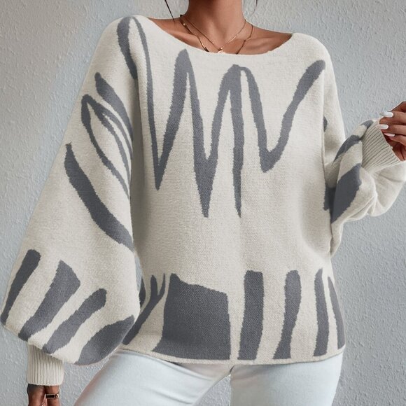 Multicolor Casual Women's Graphic Pattern Lantern Sleeve Sweater - Picture 3 of 7